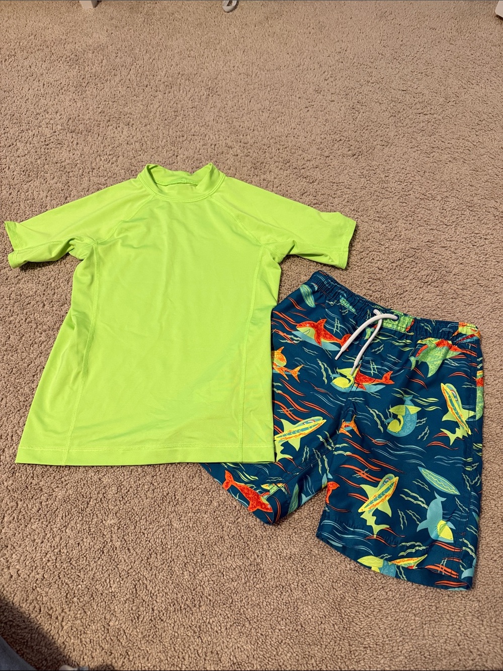 Lands' End Neon Green Rash Guard with Navy Shark-Print Swim Trunks